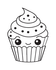 
Cute Kawaii cupcake coloring Pages, Cupcake illustration, cupcake black and white,  cupcake flat design, cake vector art.