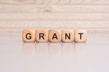 wooden cubes with letters form the expression grant. finance and education concept
