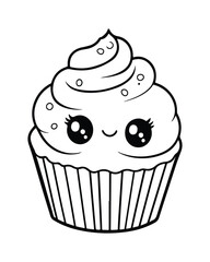 
Cute Kawaii cupcake coloring Pages, Cupcake illustration, cupcake black and white,  cupcake flat design, cake vector art.