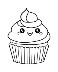 
Cute Kawaii cupcake coloring Pages, Cupcake illustration, cupcake black and white,  cupcake flat design, cake vector art.