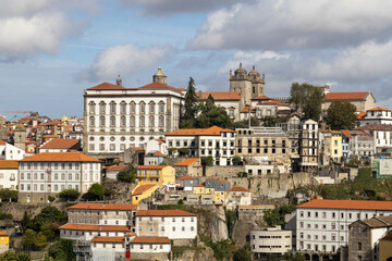 View of the north bank of the Duero River in Porto west of the Luis I Bridge - Bishop's Palace -...