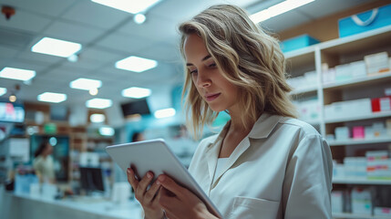 Female Pharmacist Using Tablet In Modern Pharmacy