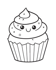 
Cute Kawaii cupcake coloring Pages, Cupcake illustration, cupcake black and white,  cupcake flat design, cake vector art.