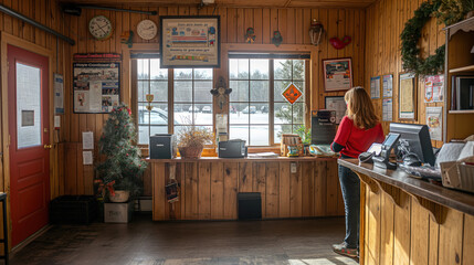 Rustic Cozy Cabin Office Interior with Employee at Work During Winter