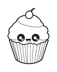 
Cute Kawaii cupcake coloring Pages, Cupcake illustration, cupcake black and white,  cupcake flat design, cake vector art.