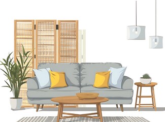 Simple modern living room with a grey sofa and wooden screen