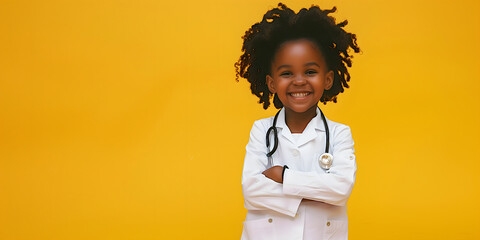 Young Aspiring Doctor: Young Black Girl with Stethoscope Wearing a Lab Coat on a Bright Yellow Background, Space for Copy Text - obrazy, fototapety, plakaty