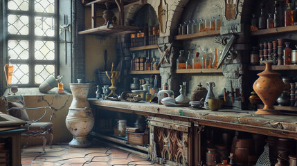 Fototapeta na wymiar A gloomy medieval alchemist's laboratory.