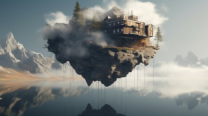 an image of a house that defies gravity, with AI artists creating a structure that appears to float in the air, supported by artistic energy