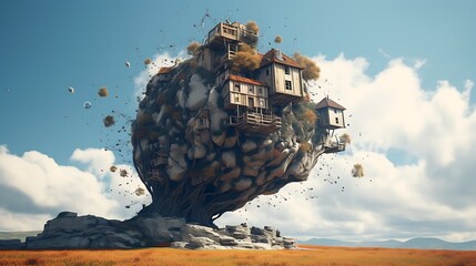 an image of a house that defies gravity, with AI artists creating a structure that appears to float...