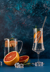 Blank photography of soda with grapefruit, rosemary, cocktail, rum, gin, tonic, fruit; ice,...