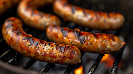 Delicious sausages are cooked on the grill. AI.