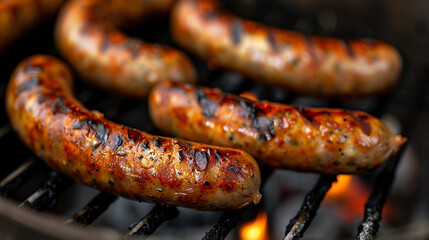 Fototapeta premium Delicious sausages are cooked on the grill. AI.