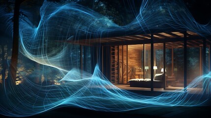 a house that appears to be woven from threads of light, with AI painters using intricate patterns...