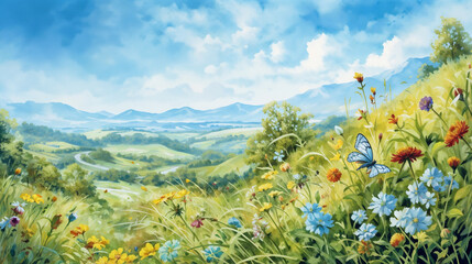 Fototapeta na wymiar Landscape background with a field meadow with wildflowers. Illustration in watercolor style. For wallpaper, posters, banners.