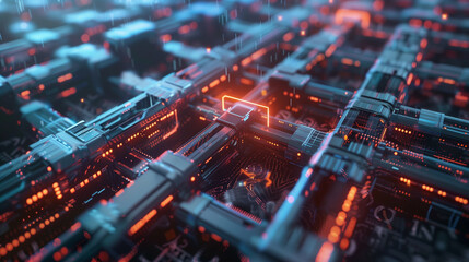 Futuristic circuit board with glowing lights and pathways. - obrazy, fototapety, plakaty