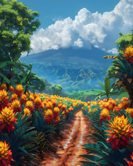 Malawi, Africa Dirt Road Flower Garden Artwork Painting Colorful Vibrant Scenery