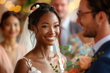 African american bride and caucasian groom front of their wedding guests - Powered by Adobe