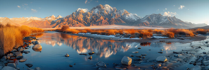Xigaze Tingri County of Tibet Himalayan Peaks,
The majestic mountain range reflects in the tranquil pond below