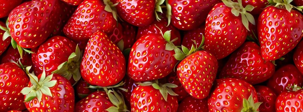 A pile of strawberries in bright red color, close up top view, in the style of hyper realistic high resolution photography