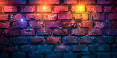  Colorful lights illuminate a brick wall, creating a vibrant and eye-catching display. - obrazy, fototapety, plakaty