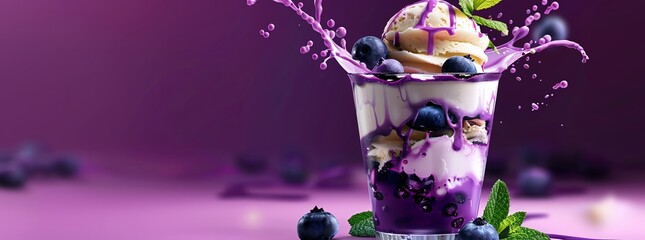 A realistic advertising photo of an ice cream sundae with blueberries and mint leaves, in the glass is splashing purple milk and white chocolate sauce, vibrant colors, product photography, purple back