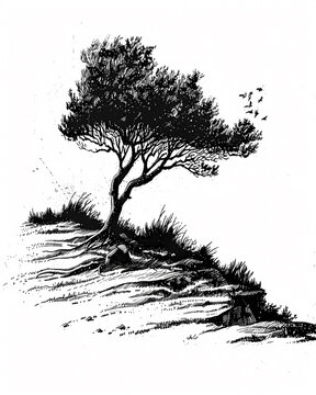 Vibrant Hand-Drawn Bent Tree Line Art Logo: Vintage Minimalist Hillside Design