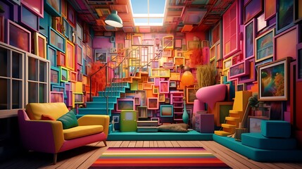 a house being transformed into a living canvas by AI artists, where each wall tells a different,...