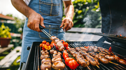 close up man grilling a barbeque, grill, barbecue, food, meat, cooking, bbq, fire, grilling, grilled, chicken, meal, dinner, beef, cook, barbeque, hot, summer, party, steak, picnic, smoke, pork, flame - Powered by Adobe