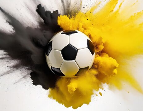 Dortmund Football Fever: Explosive Black and Yellow Color Powder Bursting in Soccer Fan Colors on White Background