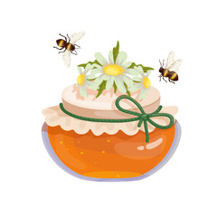 Jar of honey with wild chamomile flowers and honey bees.Vector graphics.