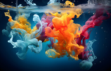 multi-colored paints flow down in blue transparent water underwa - obrazy, fototapety, plakaty