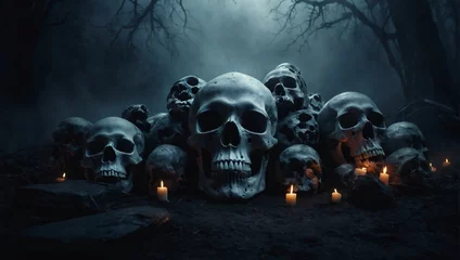 Fototapeten Banner featuring phantom skulls. Horror-themed background with ghostly mist and spectral skulls. © xKas