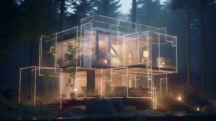 a house that appears to be constructed entirely of light, with AI artists using dynamic and...