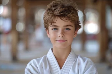 Tuinposter With a calm intensity in his blue eyes, a boy in a martial arts uniform looks at the camera with quiet confidence © Larisa AI