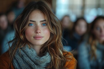 A woman with a warm smile and a scarf is framed with a crowd in soft focus at the rear