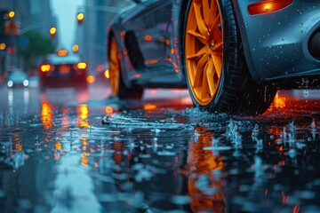 A sports car's wheels spin on the reflective wet city streets in the evening with glowing city...