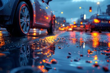 Side view of a car driving on a rain-soaked street with glowing street lights