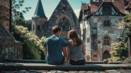 A man and woman share a conversation backs facing the camera as they sit on the steps of an old church in a picturesque countryside . .