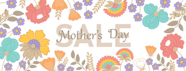 Mother's day sale banner. Hand drawn trendy vector illustration with beautiful blossom flowers.