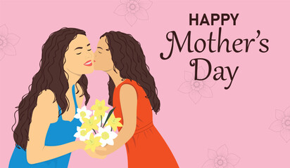 Happy Mother's Day horizontal card. Daughter giving bouquet of narcissus to mom.