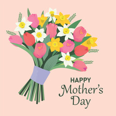 Mother's day greeting card with beautiful bouquet of tulips and daffodil. Hand drawn trendy vector illustration. 