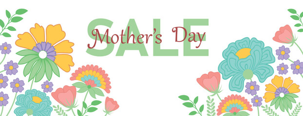 Mother's day sale horizontal banner. Hand drawn trendy vector illustration with beautiful blossom flowers.