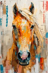 Abstraktes Gemälde mit Spachteltechnik zeigt ein wildes/freilebendes Pferd in Orange/hellem Braun mit blonder Mähne