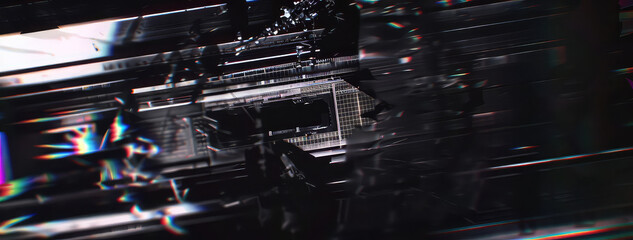 Intense cyber data stream in motion with glitches, glitch art with lens noise and dust 