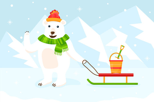 Cute flat polar bear in hat with sleigh and bucket on snowy background. Vector cartoon illustration with ice mountains. Hand drawn image of winter smiling character with sled for poster or template