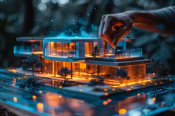 A hand fine-tunes a glowing, holographic model of a house, showcasing advanced architectural design - obrazy, fototapety, plakaty