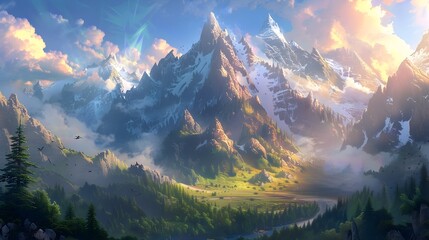 Majestic Peaks Echoing Tales of Nature s Symphonic Beauty in a Stunning Fantasy Landscape - obrazy, fototapety, plakaty