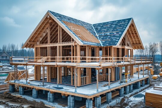 A detailed image capturing the construction phase of a wooden frame house, with the structure's bare bones exposed under a cloudy sky
