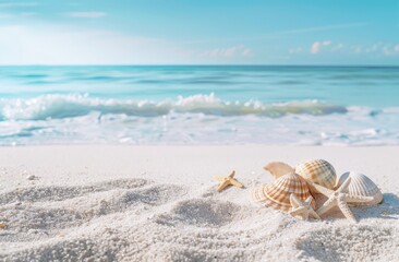 Fototapeta na wymiar Two Seashells and a Starfish on a Sandy Beach